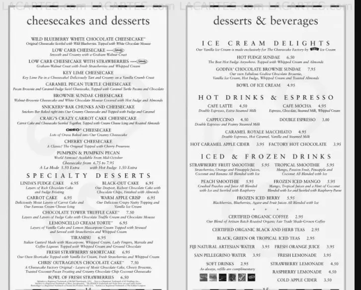 Cheesecake Factory Canada Cheesecakes Menu