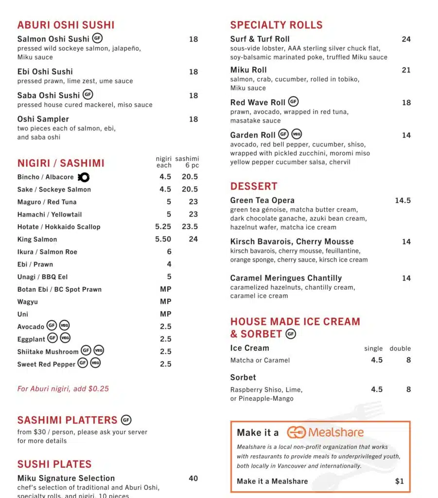 MIKU Vancouver Menu Canada Prices