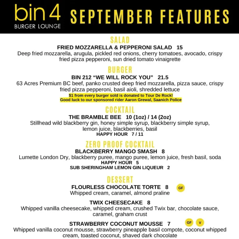 Bin 4 Burger Lounge Menu