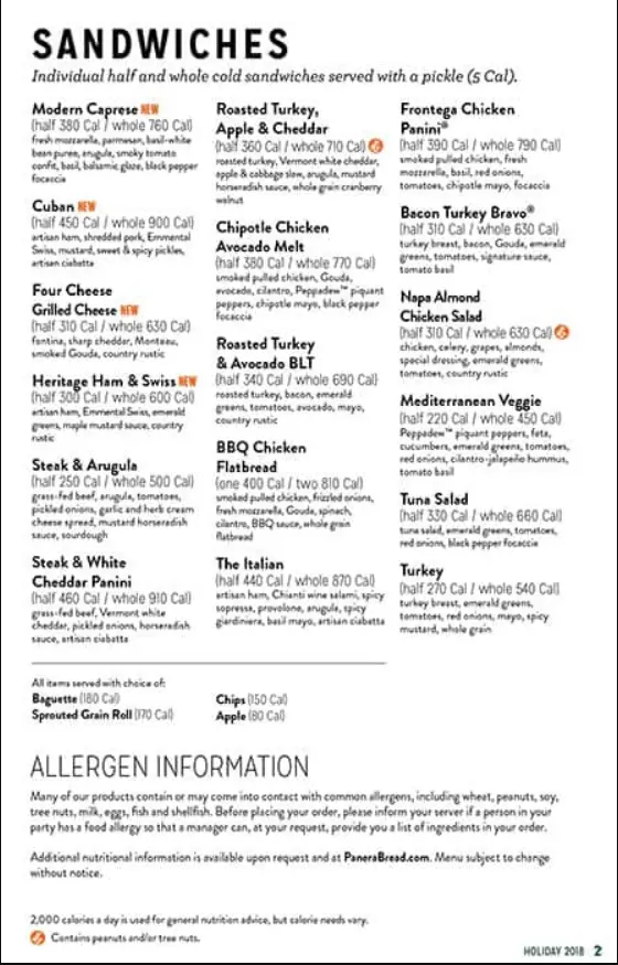 Panera Bread Menu