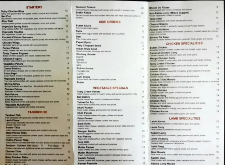 Tasty Indian Bistro Menu