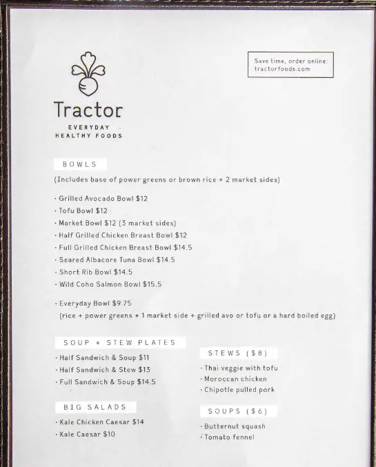 Tractor Foods Menu