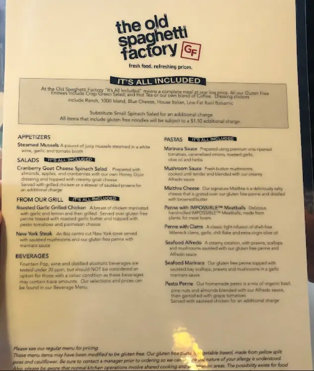 The Old Spaghetti Factory Menu